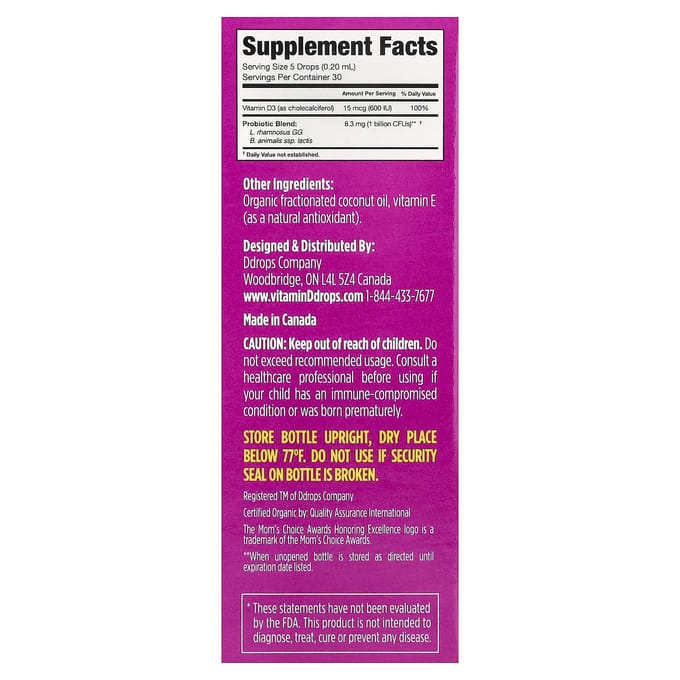 Ddrops, Kinderdruppels®, Biologische Probiotica + Vitamine D Druppels, voor Leeftijden 1+, 8 ml (0,27 fl oz)