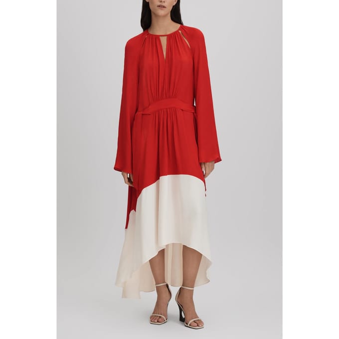 Reiss Colour Block Midi Dress Red/cream Maat: 8 | Midi Jurken Outlet | Dames | Creme