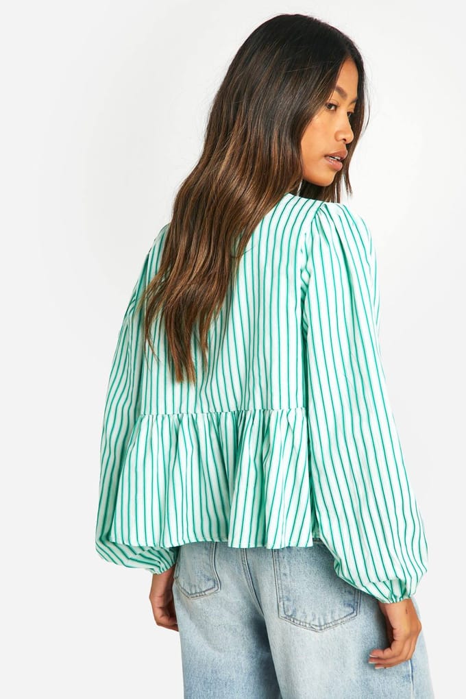 boohoo Dames Green Stripe Tie Front Puff Long Sleeve Smock Top | Groente | Maat: 38