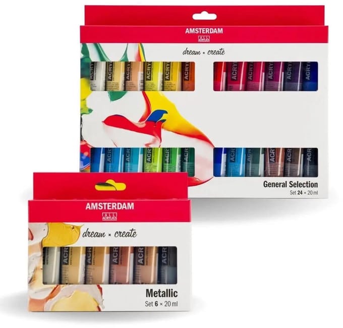 Amsterdam Acrylverf Standard Series - Algemene Selectie 24x20ml & Metallic 6x20ml Set