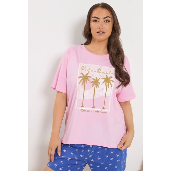Yours Roze Pyjamatop Met 'Palm Beach' Slogan Size 46-48