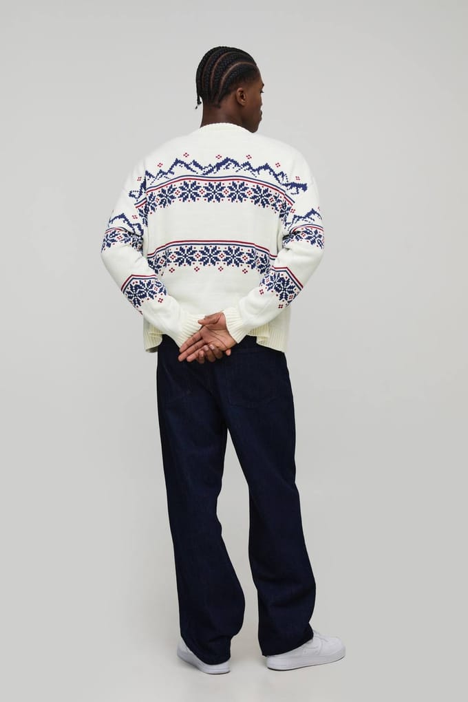 Oversized Boxy Fair Isle Kerst Gebreide Trui | Ecru | Size XL