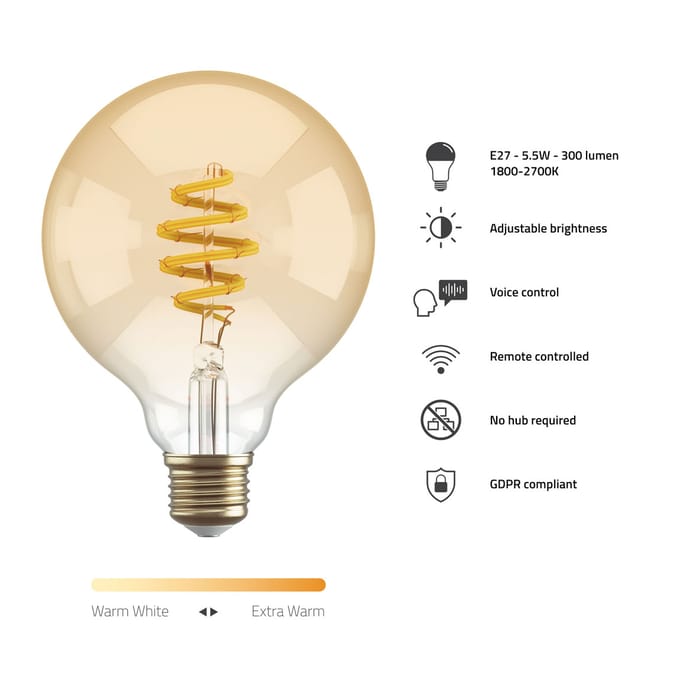 Hombli Smart Filament Bulb - E27 G95 - Amber - Globe - Warm wit licht - Vintage look - Wifi - 1 Stuk