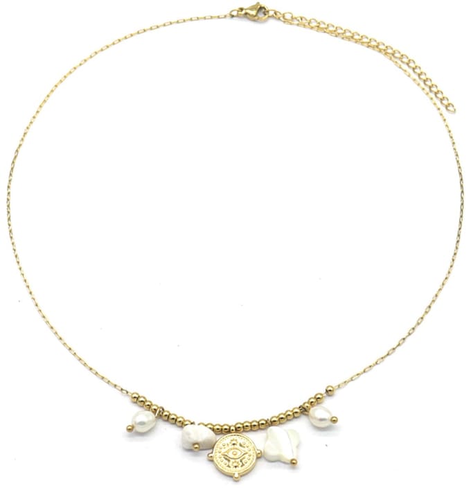 Ketting Munt - Parels en Stenen - RVS - Lengte 39-44 cm - Goudkleurig