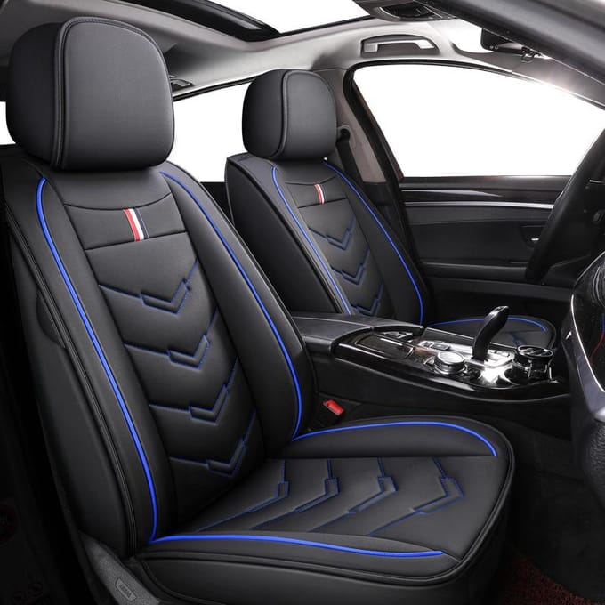 Housse de siège auto en cuir, protection intégrale avec appui-tête et coussin lombaire, ajustement universel Standard model noir/bleu