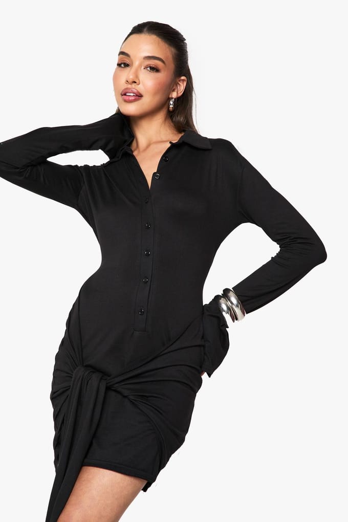 boohoo Dames Button Down Drape Mini Jurk | Black | Maat: 14