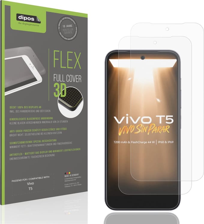 dipos FLEX – 2x Matte Screenprotector geschikt voor Vivo T5 | Volledige Schermbescherming | Case-Friendly