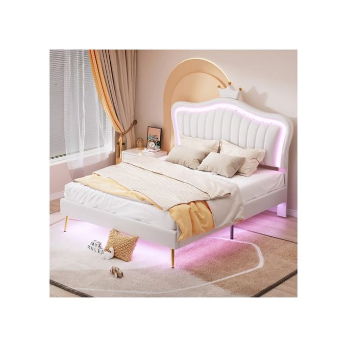 Kinderbed - MUVOE - 140 x 200 cm - Wit PU-leer - LED-verlichting - Schelpvormig design wit