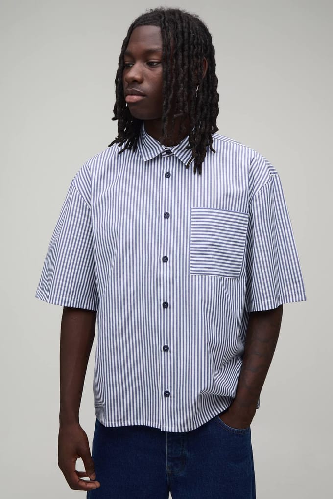 Oversized Halfmouw Gestreept Overhemd | Navy | Size XS