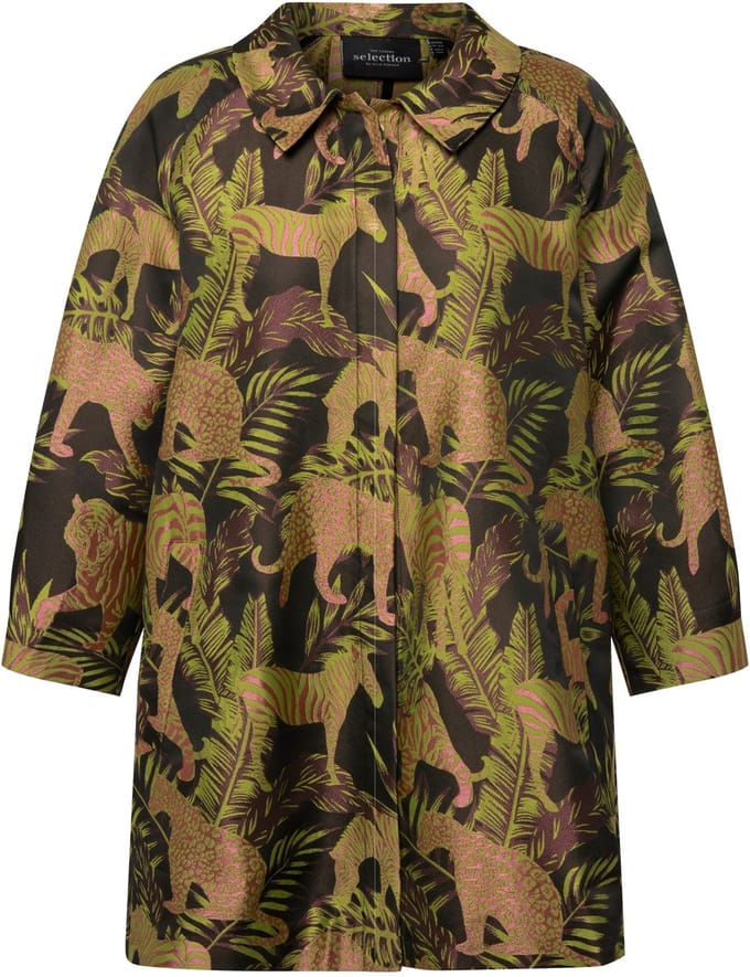 Ulla Popken - Dames - Jas jacquard patroon overhemdkraag drukknopen - Zwart - Maat 54+