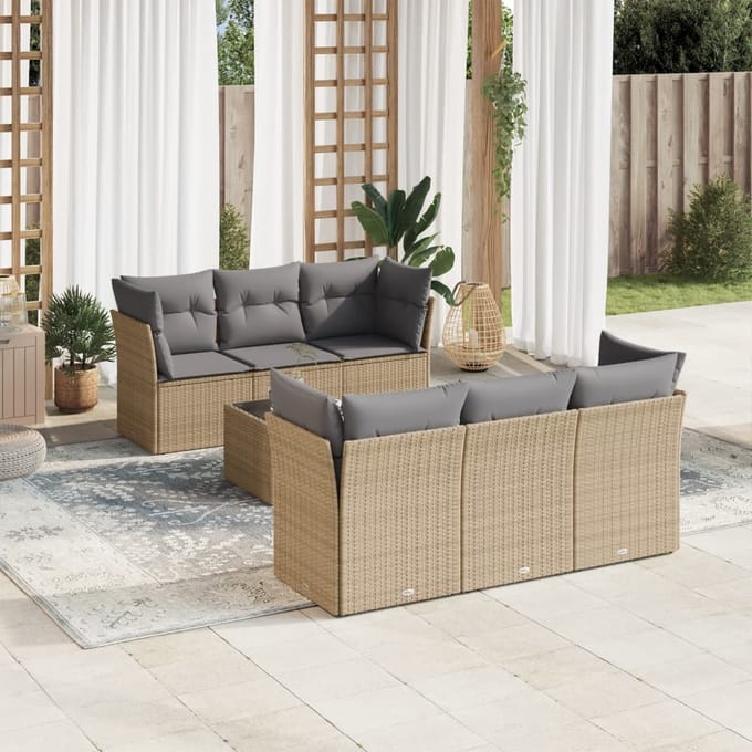 vidaXL - 7-delige - Loungeset - met - kussens - poly - rattan - beige