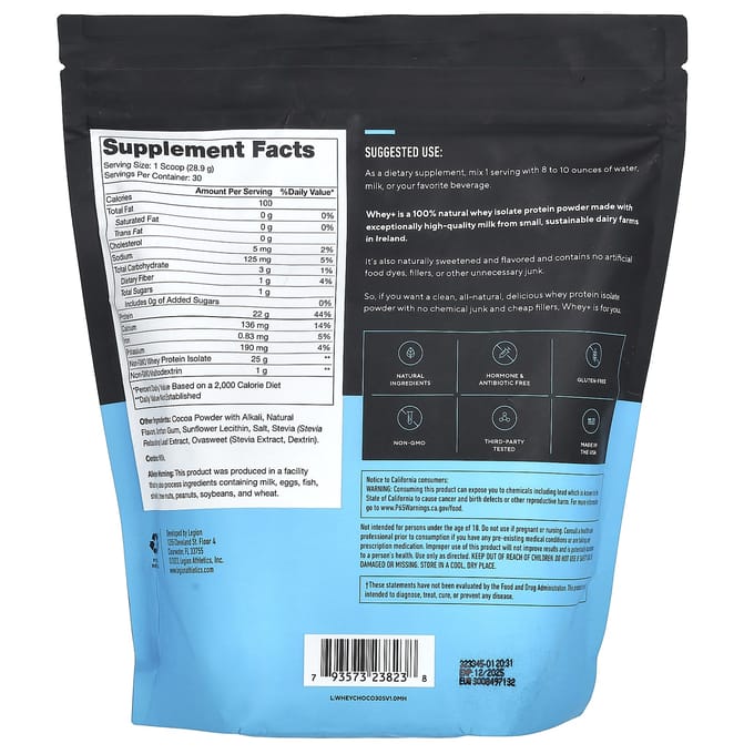 Legion Athletics, Whey+, Poudre de Protéine de Whey, Chocolat Néerlandais, 1,91 lb (867 g)