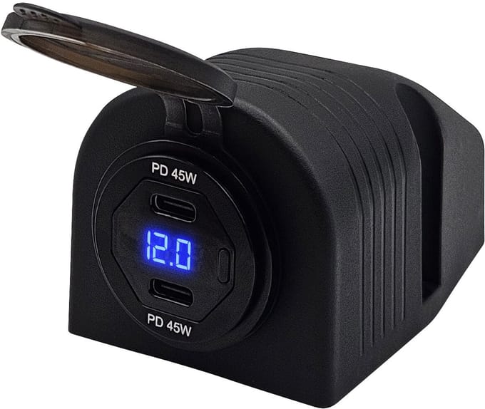 ProRide 12V USB C Autolader 2 Poorten Opbouw met Schakelaar en Wattagemeter - 45W - QC3.0 - Complete set - Blauw