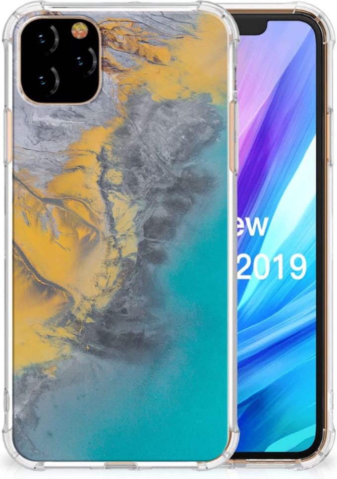 Apple iPhone 11 Pro Max Anti-Shock Hoesje Marble Blue Gold