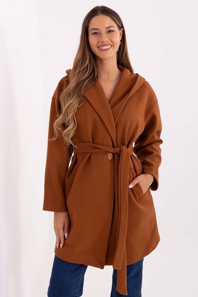 Elegant Hooded Coat - Cognac / One Size
