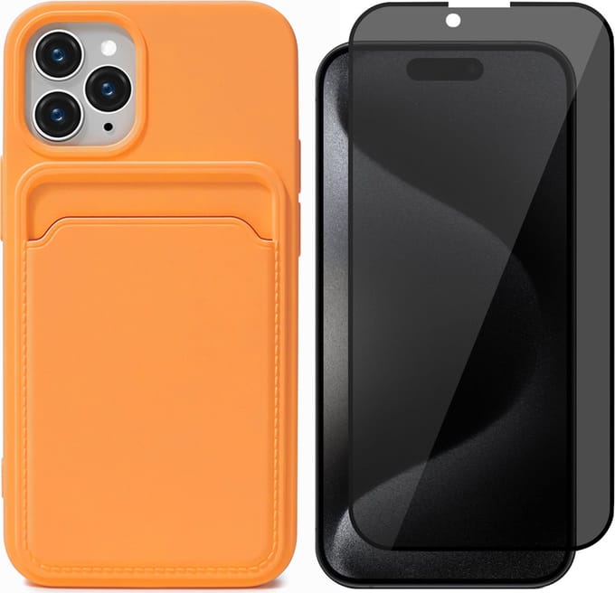 Hoesje Pasjeshouder geschikt voor iPhone 15 Pro Max - Privacy Screenprotector FullGuard - Siliconen Case Back Cover Oranje & Screen Protector