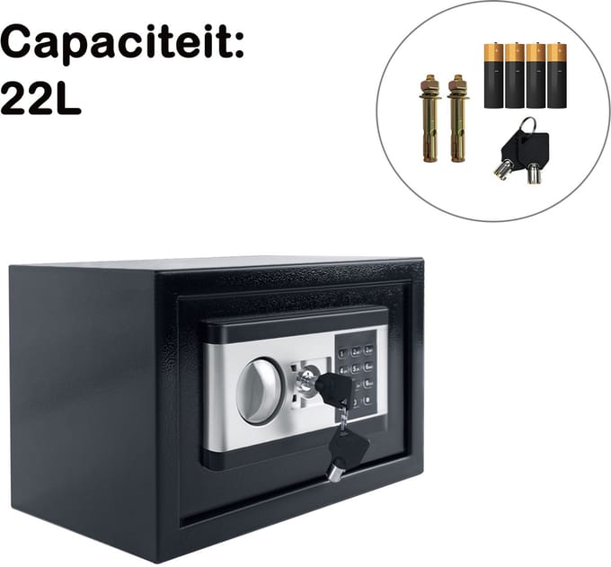 Elektronische Kluis met Codeslot & Sleutel 35 x 25 x 25cm – Geldkluis / Documentenkluis – Compacte Safe voor Thuis & Kantoor – Zwart/Zilver