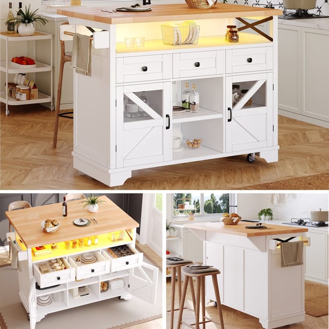 Clruro Multifunctionele Keukenwagen - LED App + Klaptafel + 3 Lades & 2 Deuren - Mobiel Sideboard - MDF - Wit