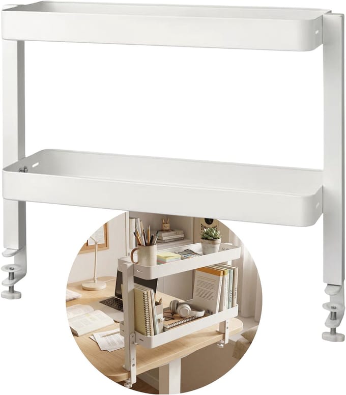 VATTENKAR Witte, tweeledige bureau plank, metalen organizer, 49x15 cm