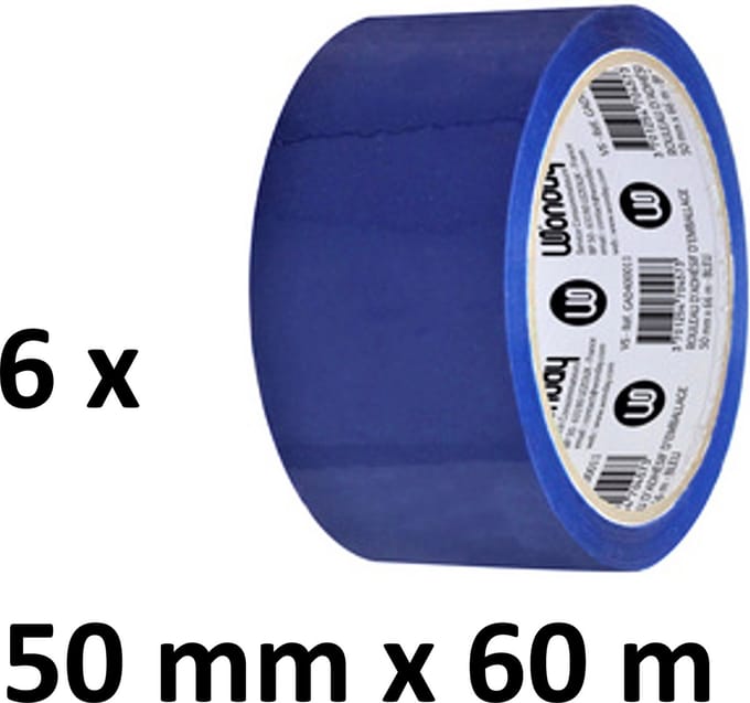 6 x gekleurd verpakkingstape - PP - 50mm x 66m - blauw