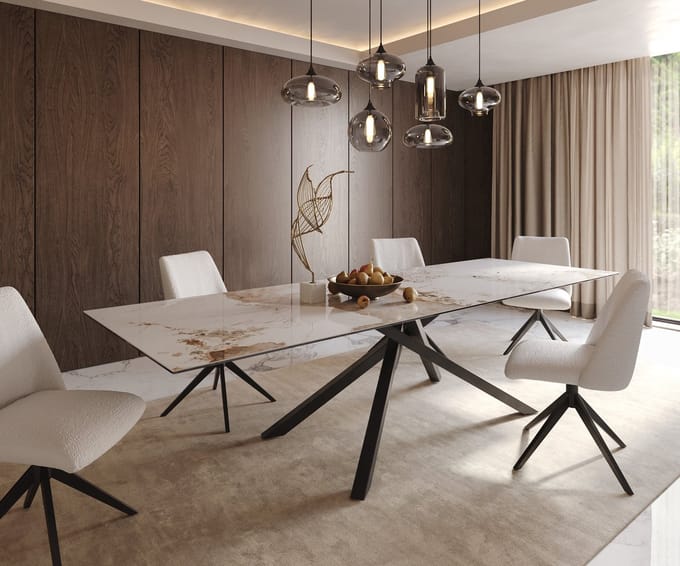 Eetkamertafel Edge keramiek Minas Melange wit-beige 300x100 kruisframe rechthoek zwart