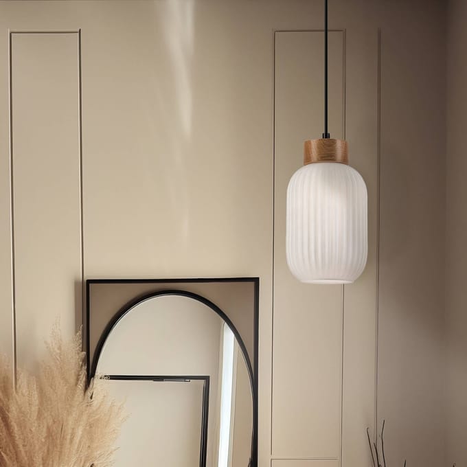 Lamkur Hanglamp Harmony, Ø 14 cm, wit/eiken, glas/hout