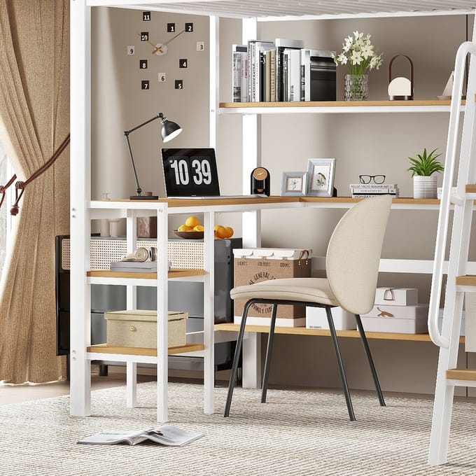 Wishdor Hoogslaper 90x200 cm - Bureau & Opbergplank - 2 Stoffen Boxen - Wit/Naturel Metaal/MDF - Compleet