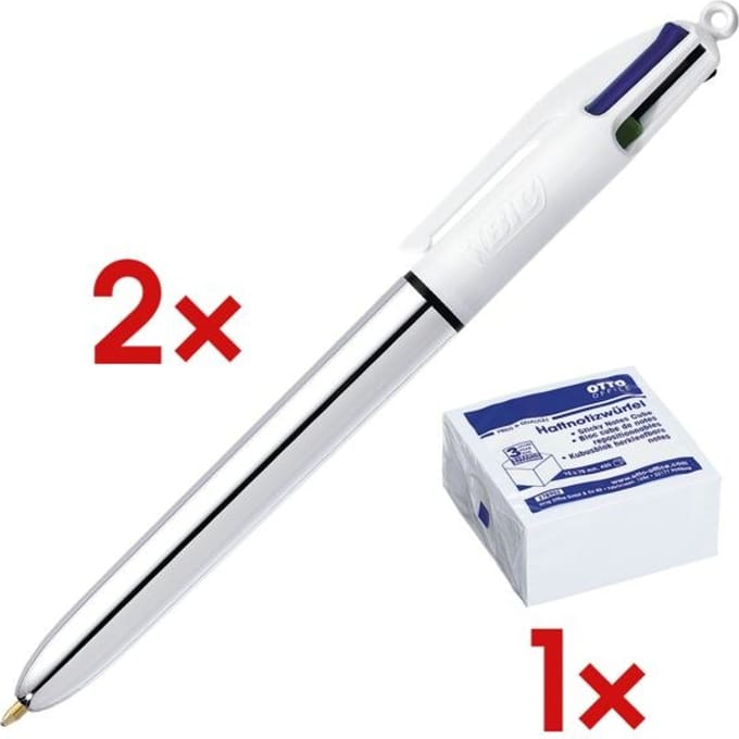 2x 4-kleuren balpen »4 Colours Shine« incl. 1x kubus herkleefbare notes wit 75x7