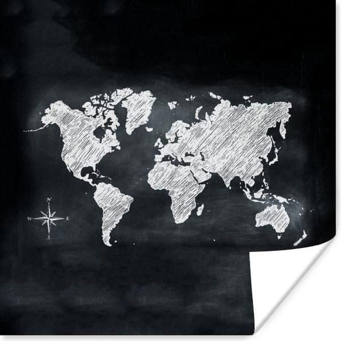 Muurdecoratie - Wereldkaart - Wit - Krijtbord - 50x50 cm - Poster