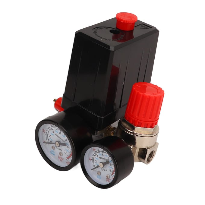 Pressostat de Compresseur d'Air 4 Voies Contrôleur à Vanne de Contrôle Automatique 0‑180PSI avec Manomètre