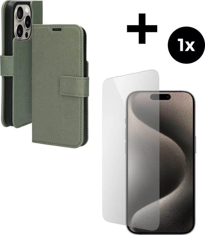 Mobiparts Classic Wallet hoesje geschikt voor Apple iPhone 15 Pro met 1 Screenprotector van Gehard Glas - Groen