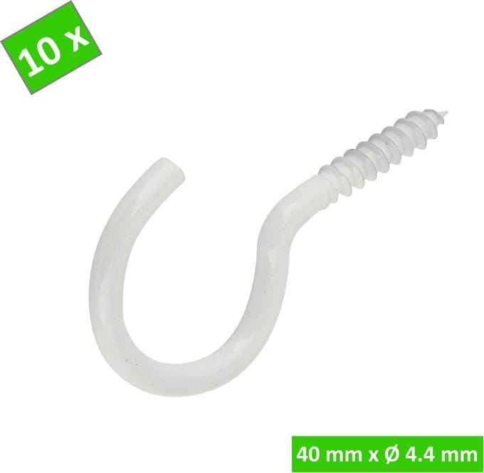TQ4U Schroefhaak / Waslijnhaak - Wit - 50 mm - Ø 4.4 mm - 10 stuks