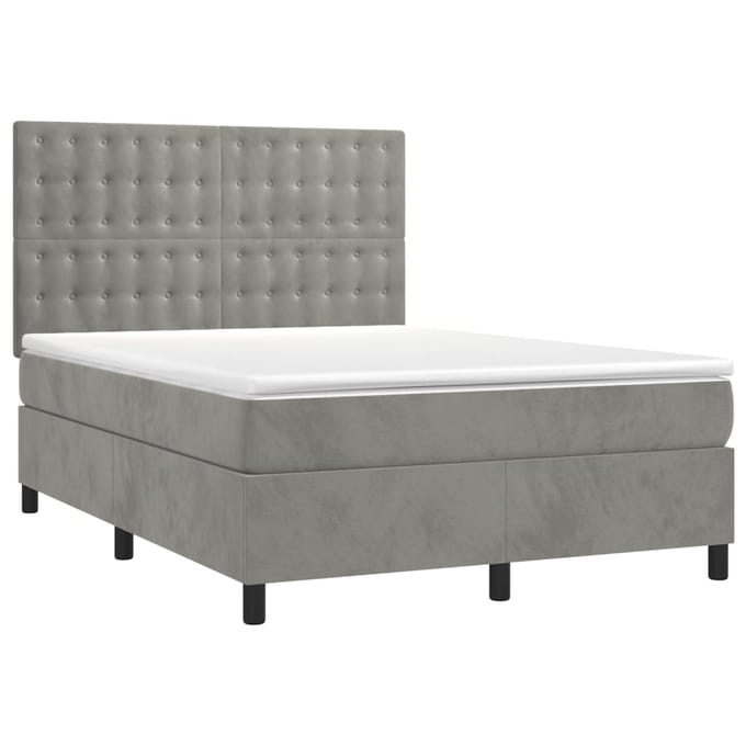 vidaXL - Boxspring - met - matras - en - LED - fluweel - lichtgrijs - 140x200 - cm