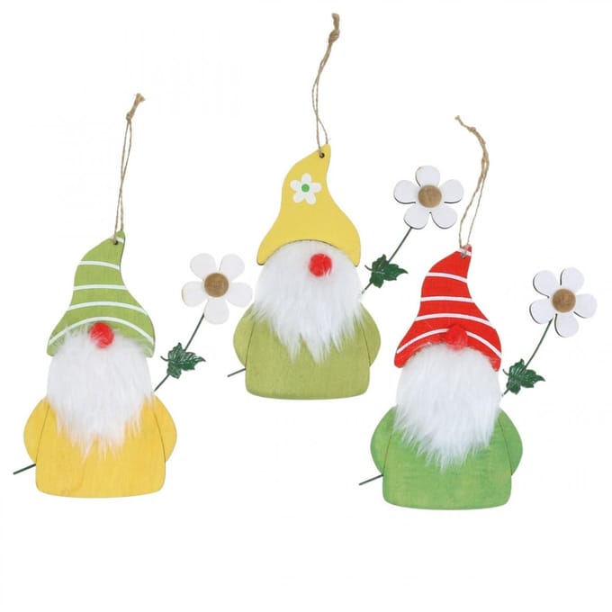 Lentedecoratie: houten kabouter met bloem, H17cm, 6 stuks, 6 Stück