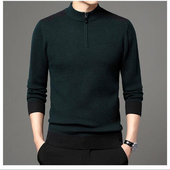 Heren Extra Dikke Warme Jas Halve Hoogte Rits Gebreide Pullover Contrasterende Kleur Trui Winter Casual Top 4XL donkergroene kleur