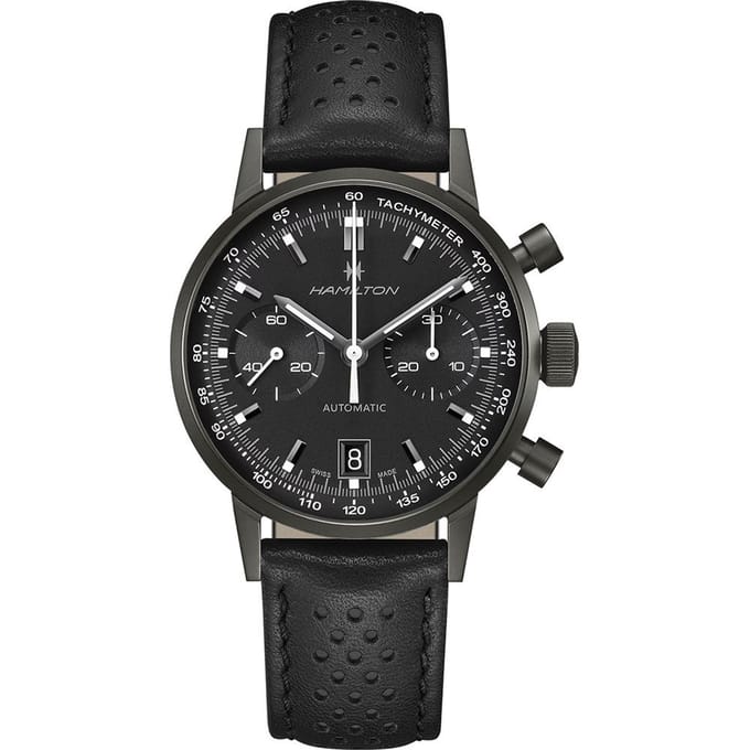 Hamilton American Classic Intra Matic Chronograaf Leren Band Zwarte Wijzerplaat Automatisch H38446730 100M Herenhorloge zwart