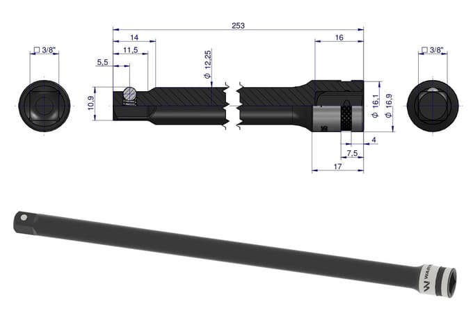 Verlengstuk 3/8" 250mm CrV Staal