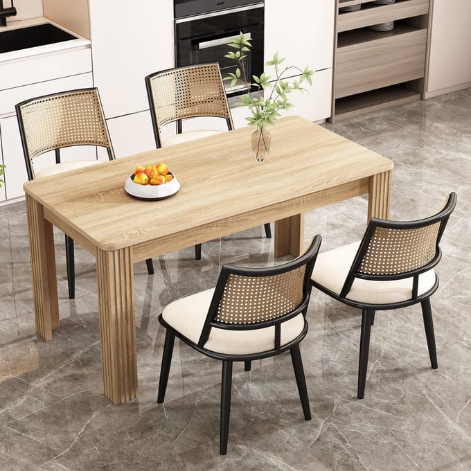 Eetkamerstoel - Set van 4 - Rattan Rugleuning - Modern Design - PU Leer - Zwart