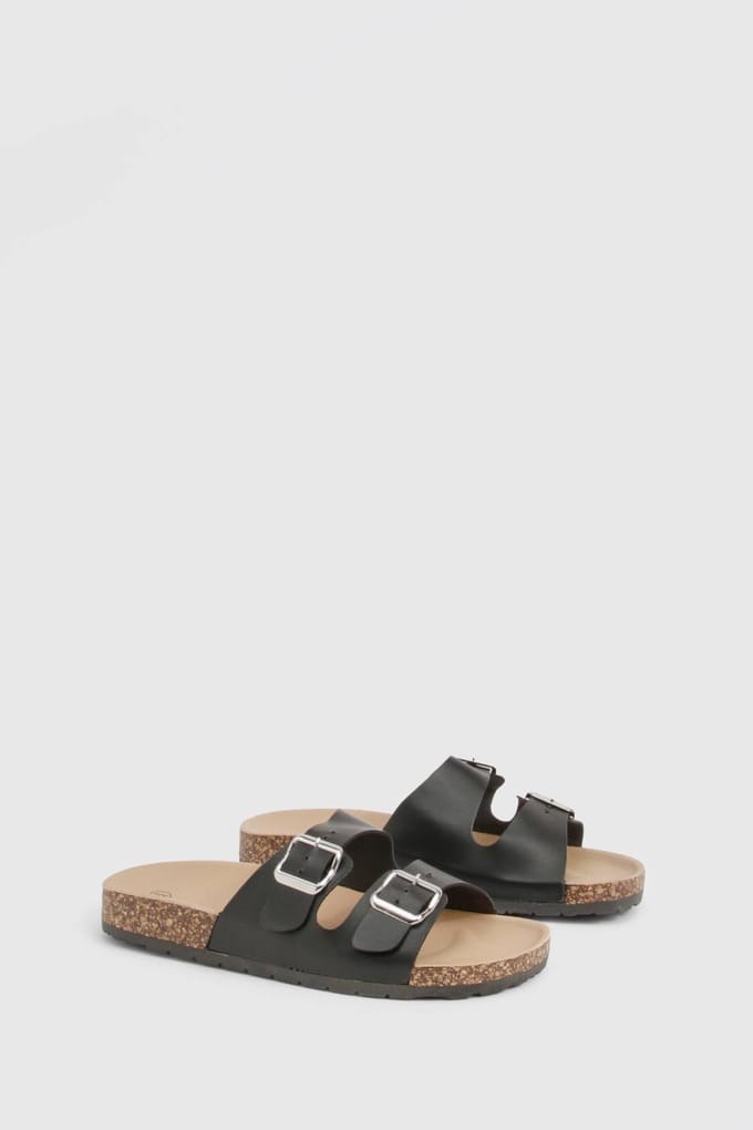 boohoo Dames Dubbele gesp footbed slider | Zwart | Maat: 36