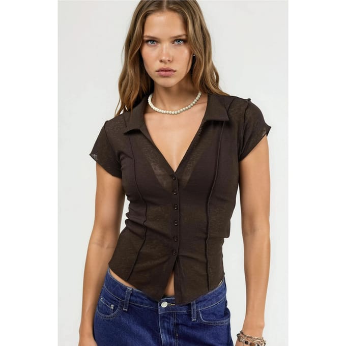Gestructureerde Gebreide Korte Mouw Shirt met Knopen