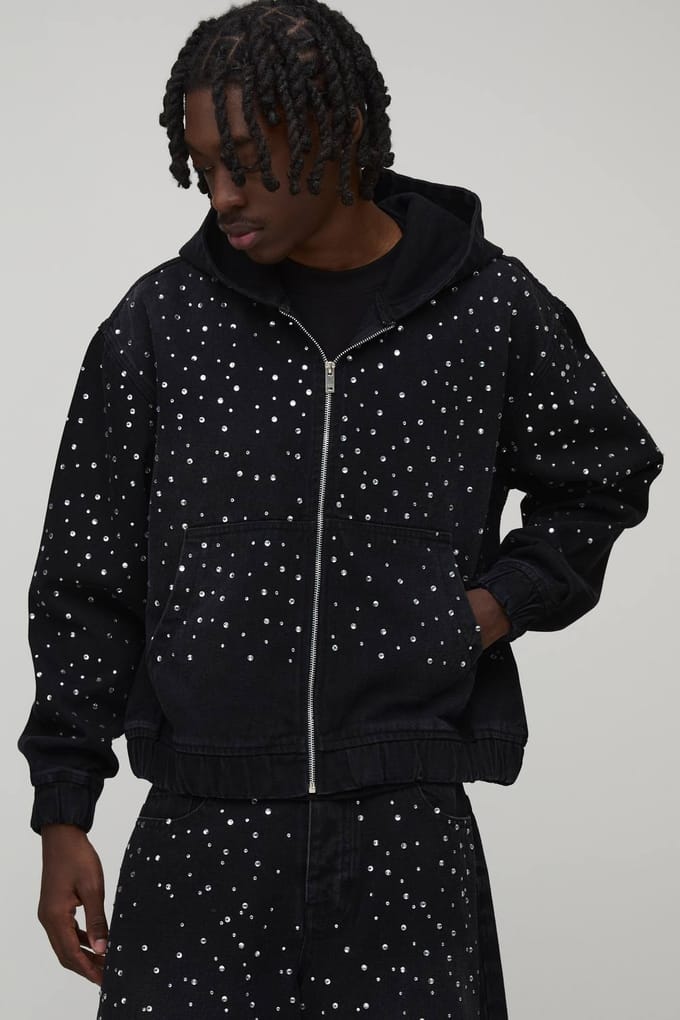 Gewassen Rhinestone Boxy Oversized Hoodie Van Denim Met Rits | Washed Black | Size Large