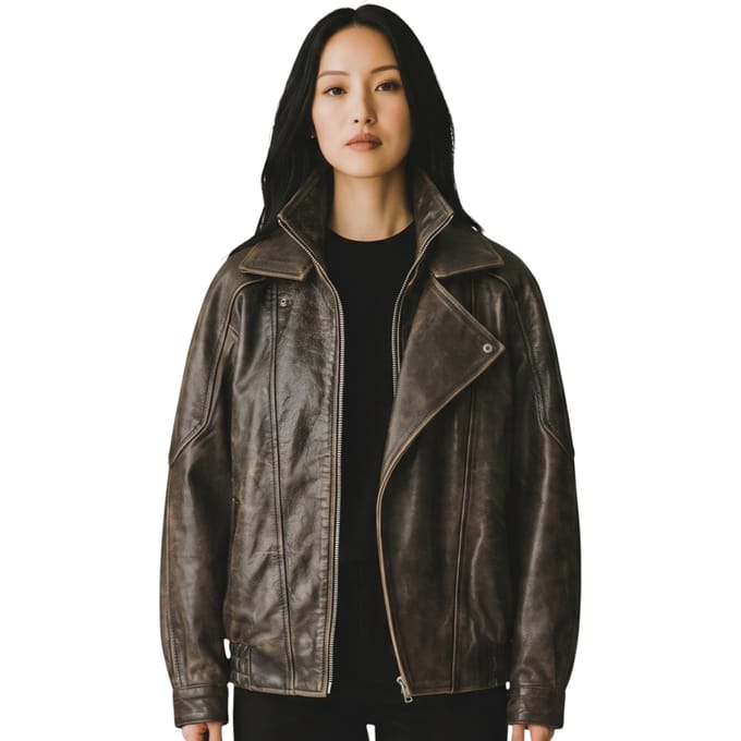 Dames bruine koeienleer Big Bomber Biker Blouson Oversized Jas - Krakau