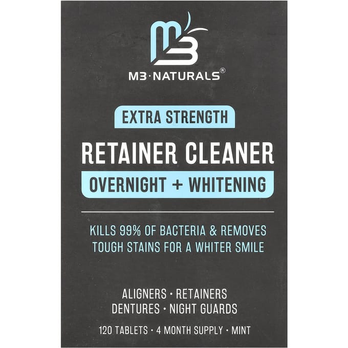 M3 Naturals, Retainer Cleaner, Overnight + Whitening, Extra Strength, Mint, 120 Tablets white