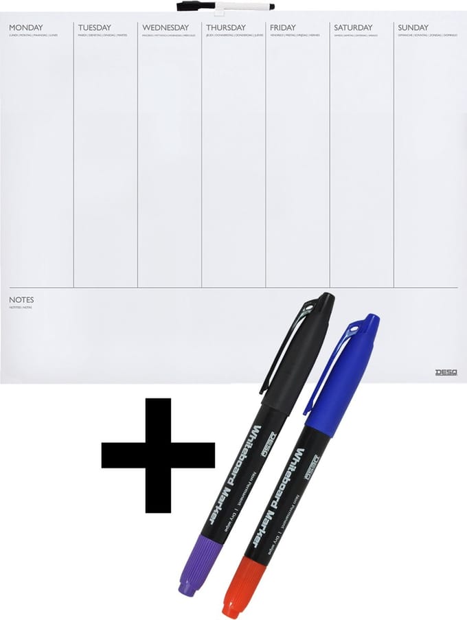 DESQ® Weekplanner met Stiften - Frameloos - Magnetisch - Droog Uitwisbaar - Horizontale indeling - 40 x 50 cm