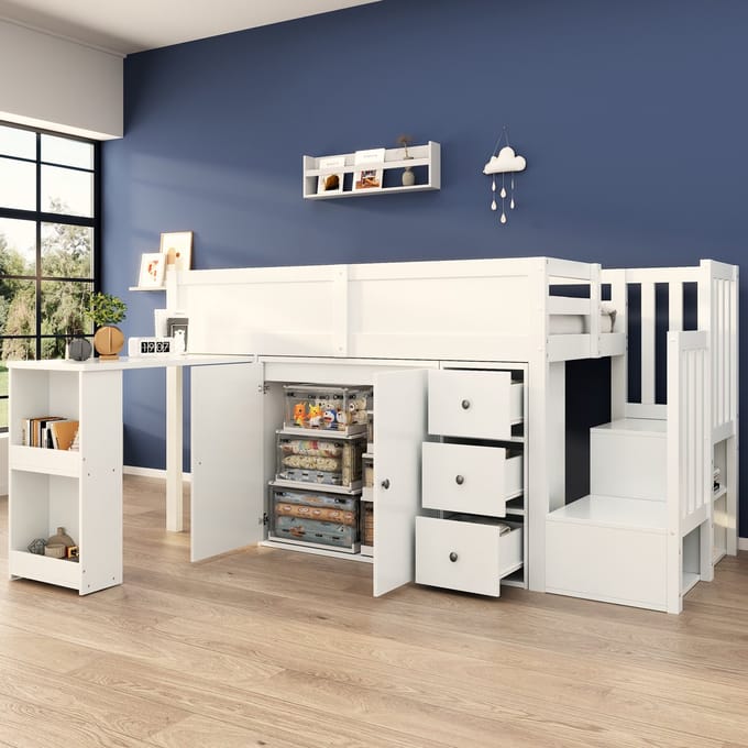 MODFU – Kinderhoogslaper met Uitschuifbaar Bureau – 90x200 cm – Kast & Lades – Wit