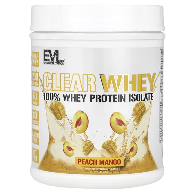EVLution Nutrition, Clear Whey, 100% Isolat de Protéine de Whey, Pêche Mangue, 1,1 lb (500 g)