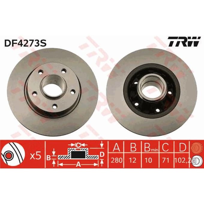 Remschijf TRW DF4273S achter, volledig, 1 Stuk