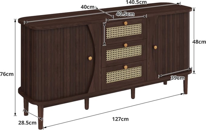 Dressoir, ladekast van rotan, ladekast met schuifdeuren, verstelbare planken en afgerond blad.
