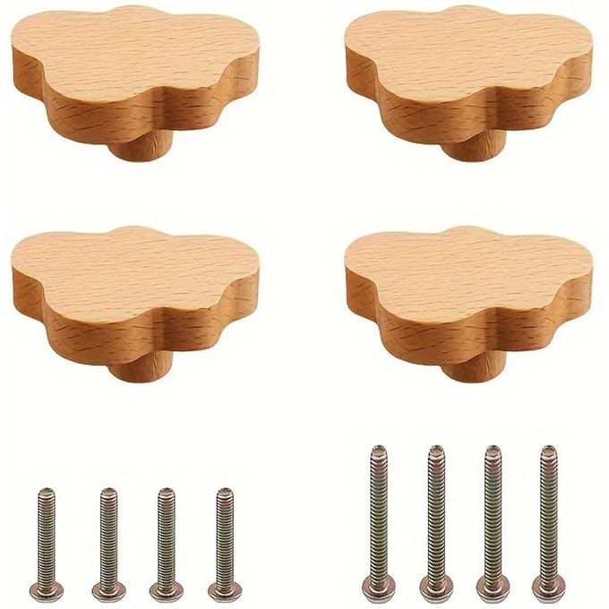 4/8 pcs Boutons de Commode Bohémiens, Boutons de Tiroir en Hêtre Naturel, Poignées de Commode en Bois Forme Nuage avec Vis pour Placards, Meubles, Tiroirs 4pcs