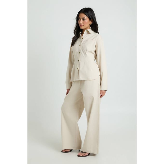 boohoo Dames Chambray Wijde Pijpenbroek Met Trekkoord | Ecru | Maat: 36